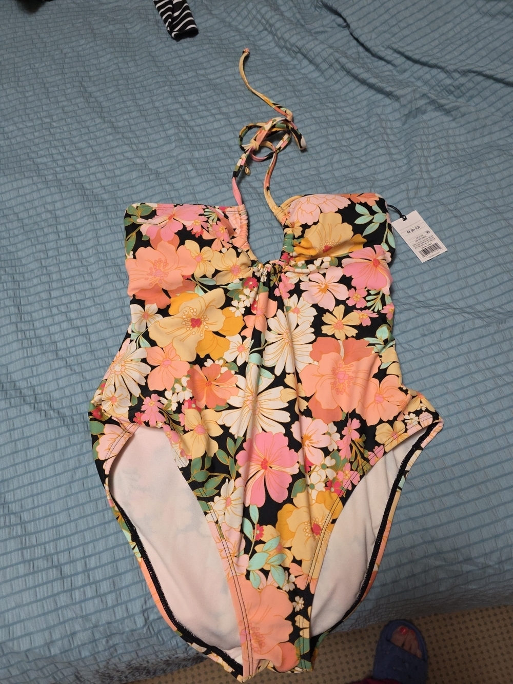 NWT Floral One-Piece Swimsuit - Black with Pink & Yellow Flowers